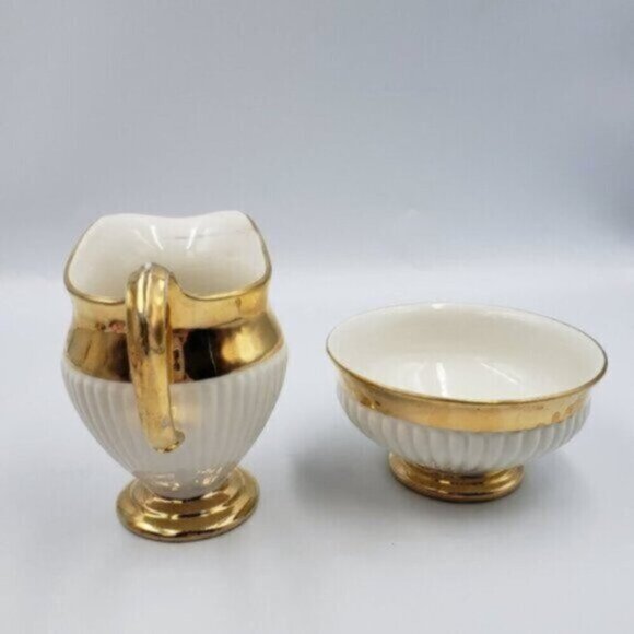 Vintage Royal Winton Grimwades Sugar Bowl & Creamer White Ribbed Golden Trim - Picture 6 of 16